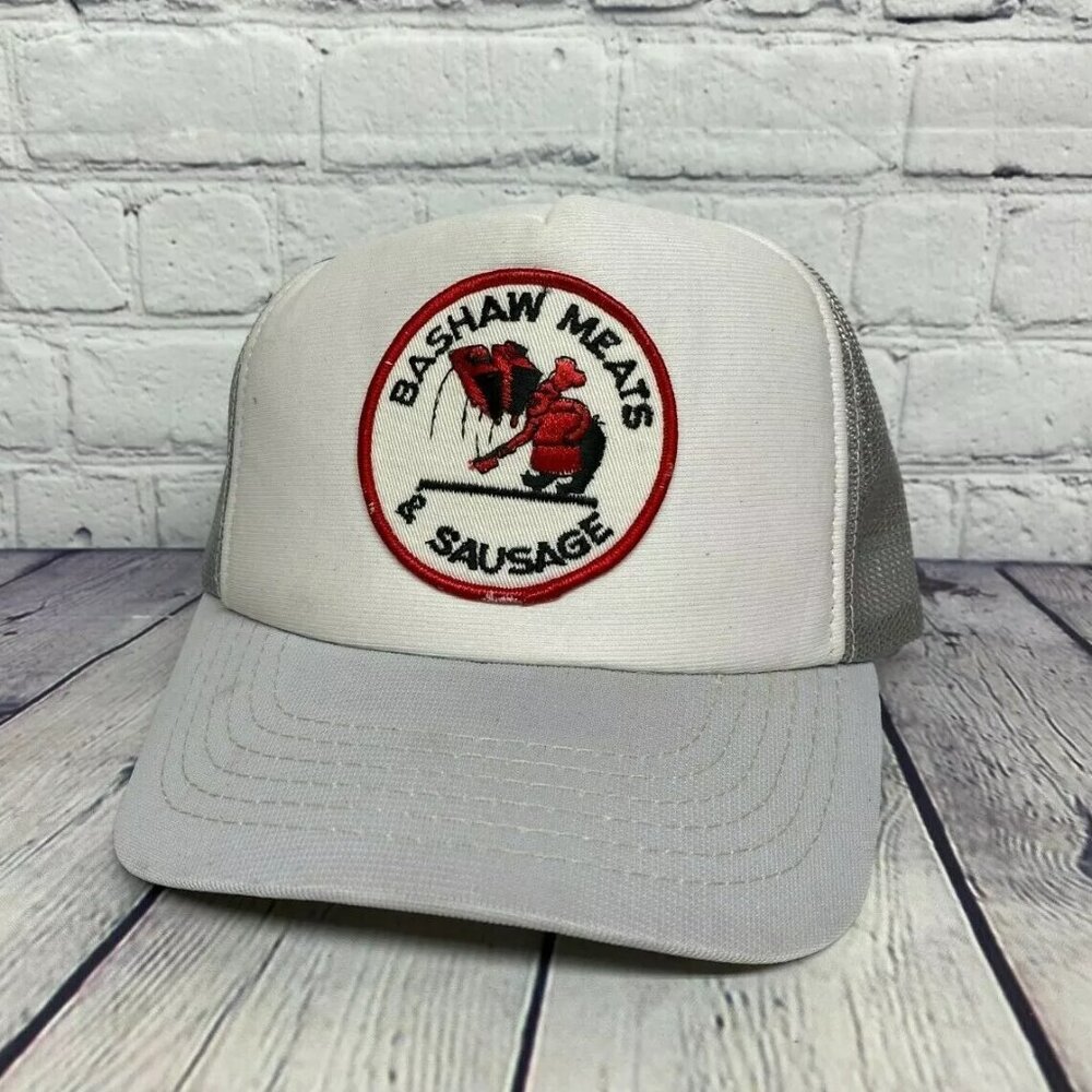 Vintage Trucker Hat Mesh Bashaw Meats & Sausage Cap Embroidered Patch - Stains